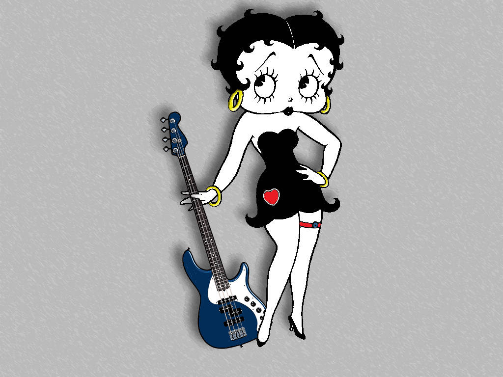 Betty Boop, blue bass guitar, plain gray background, SD Desktop Wallpaper