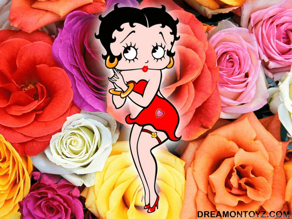 Betty Boop, red dress, vibrant multicolored roses, SD Desktop Wallpaper