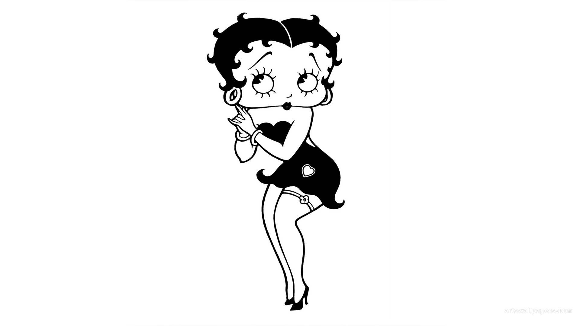Betty Boop, black and white line art, playful pose, Full HD Desktop Wallpaper