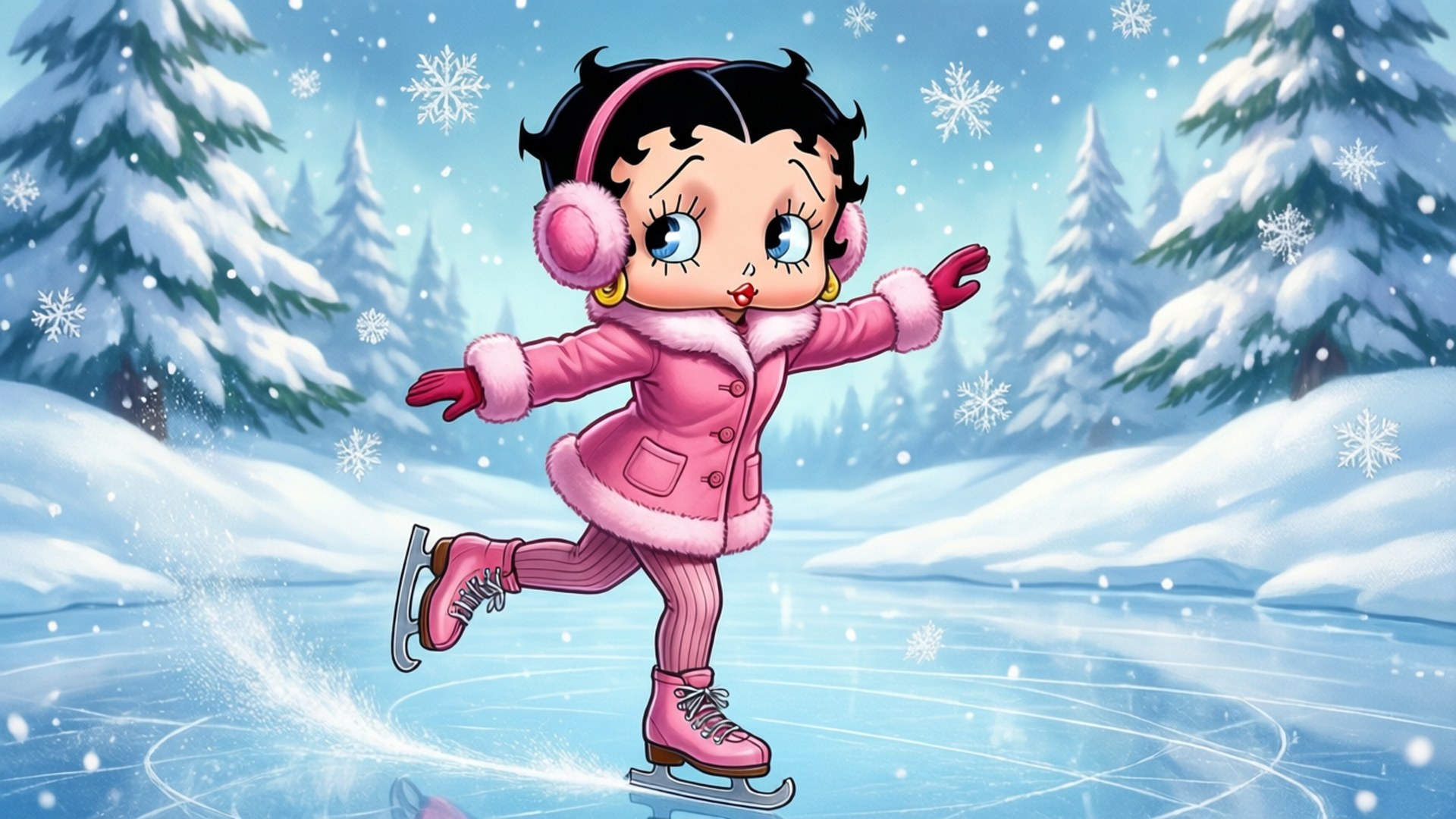 Betty Boop, pink winter coat, ice rink, Full HD Desktop Wallpaper