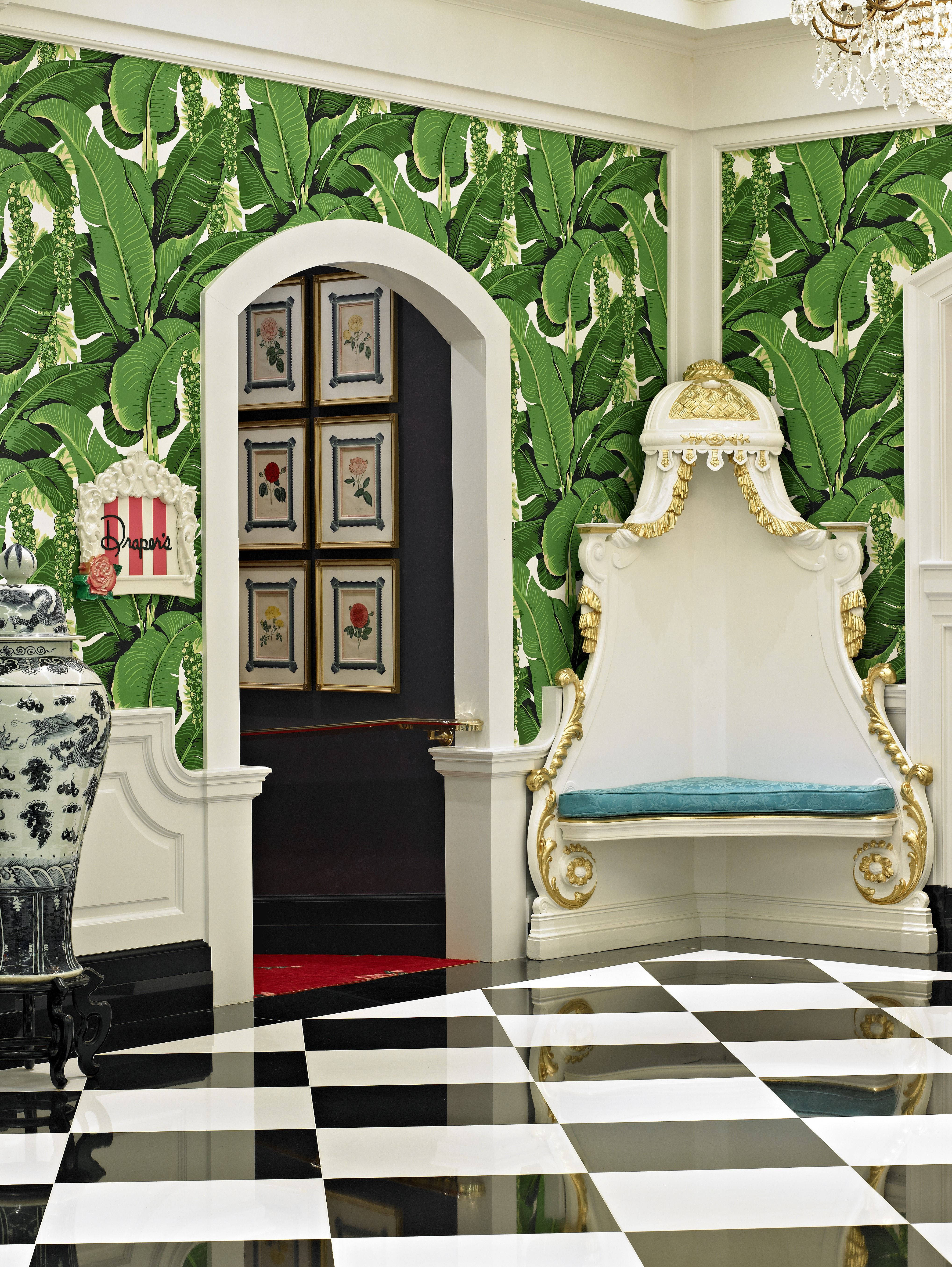 Beverly Hills Hotel, black and white checkered floor, banana leaf wallpaper, 5K Phone Wallpaper