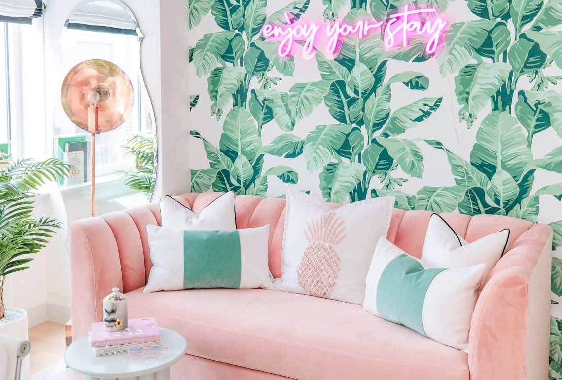 Beverly Hills Hotel, pink velvet sofa, pineapple and green striped pillows, SD Desktop Wallpaper