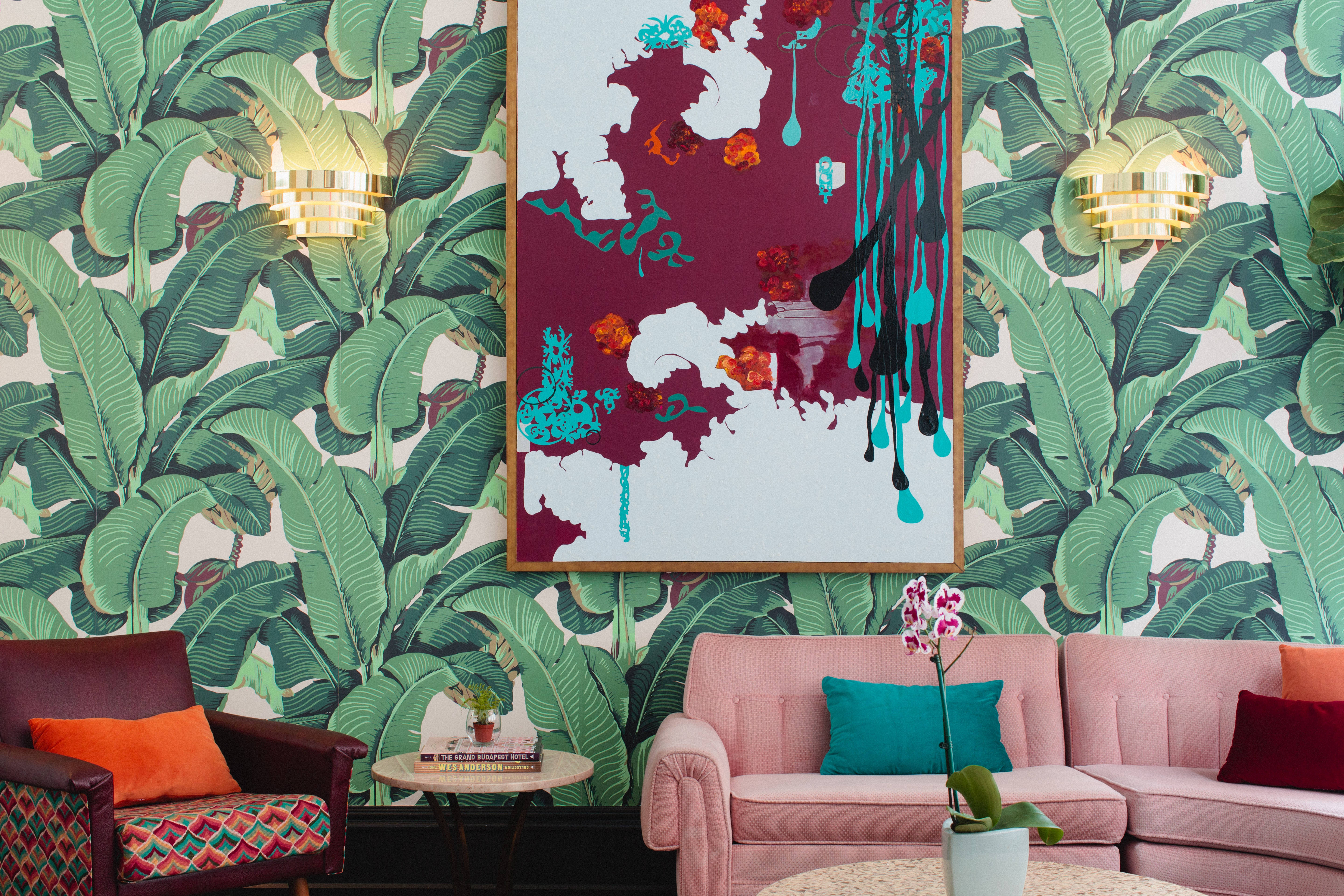 Beverly Hills Hotel, banana leaf wallpaper, abstract painting, 5K Desktop Wallpaper
