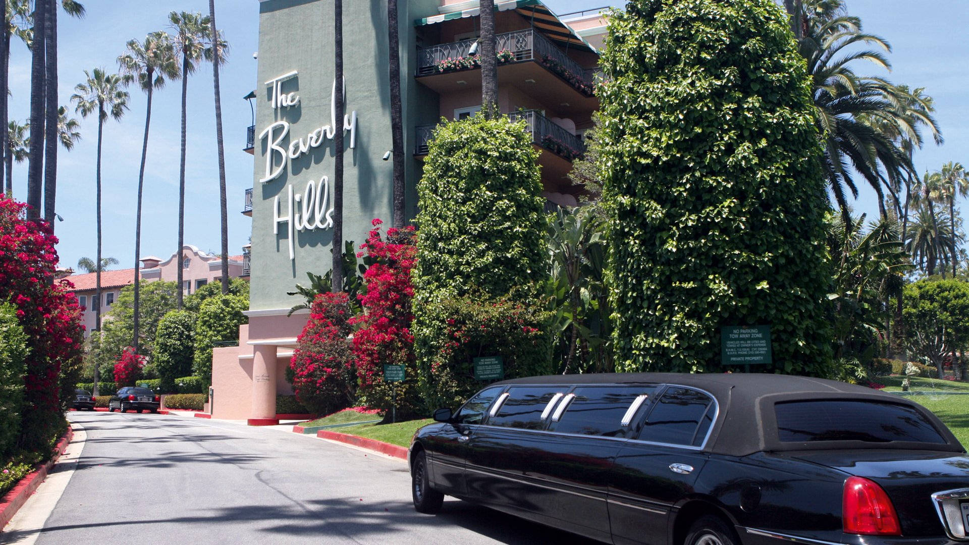 Beverly Hills Hotel, black stretch limousine, palm trees, Full HD Desktop Wallpaper