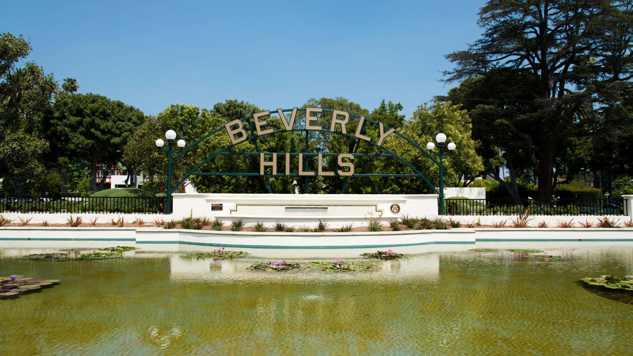 Beverly Hills sign, pond, fountain, Full HD Desktop Wallpaper