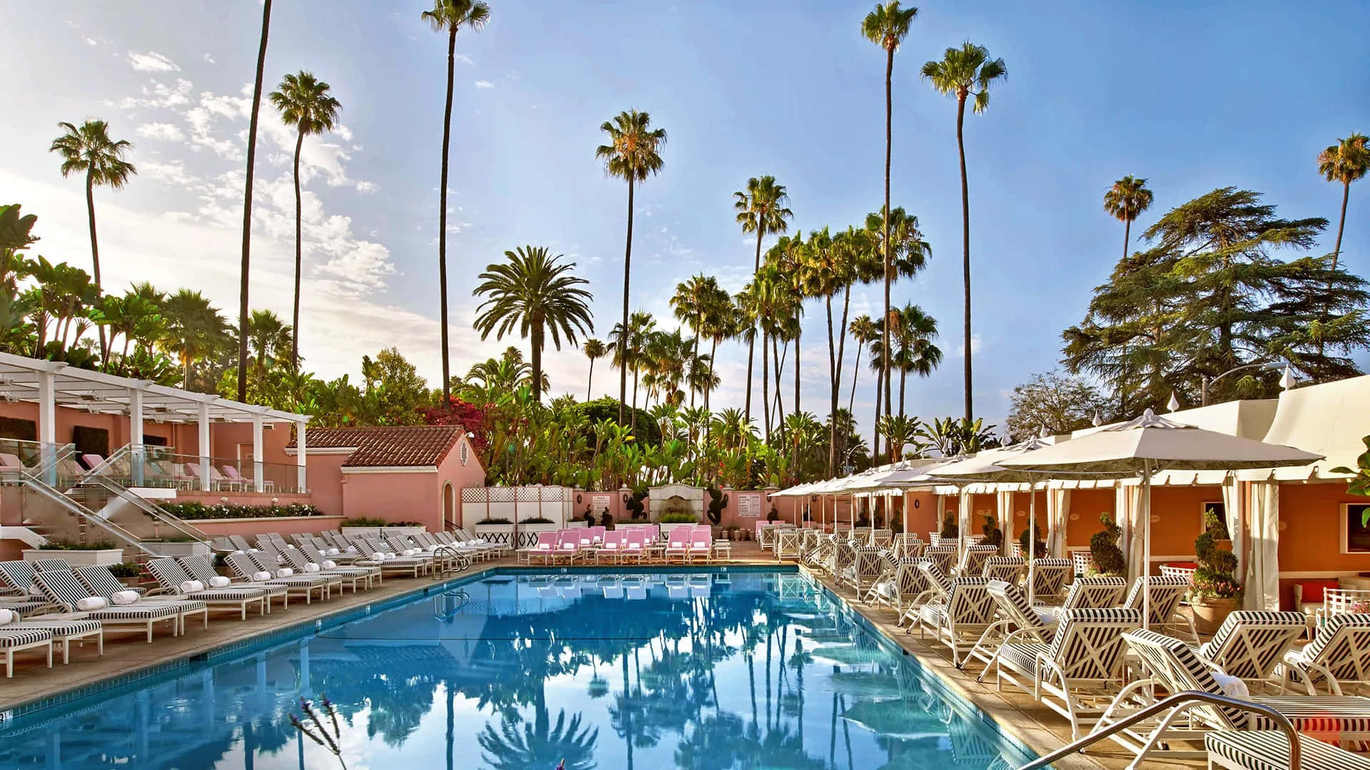 Beverly Hills, luxury poolside relaxation, tall palm trees, Full HD Desktop Wallpaper