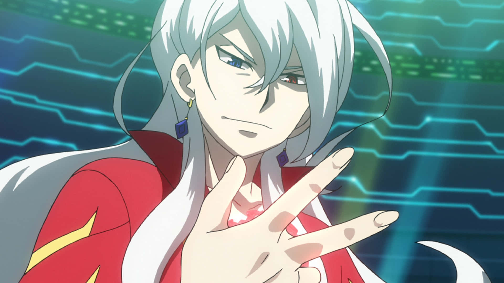 Beyblade Burst Phi, silver-haired anime character, red outfit, Full HD Desktop Wallpaper
