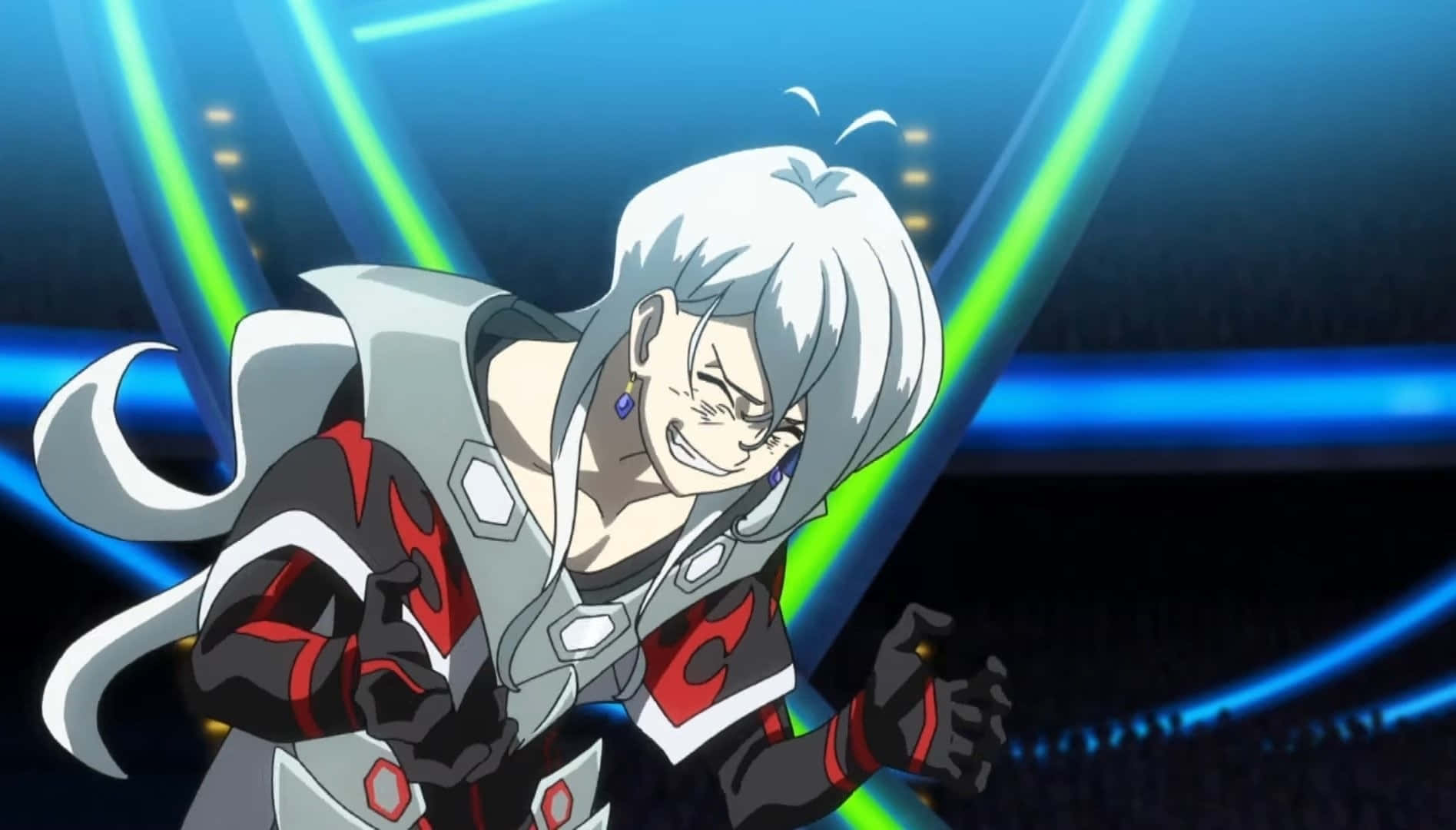 Beyblade Burst Phi, silver-haired anime character, red black and white armored outfit, HD Desktop Wallpaper