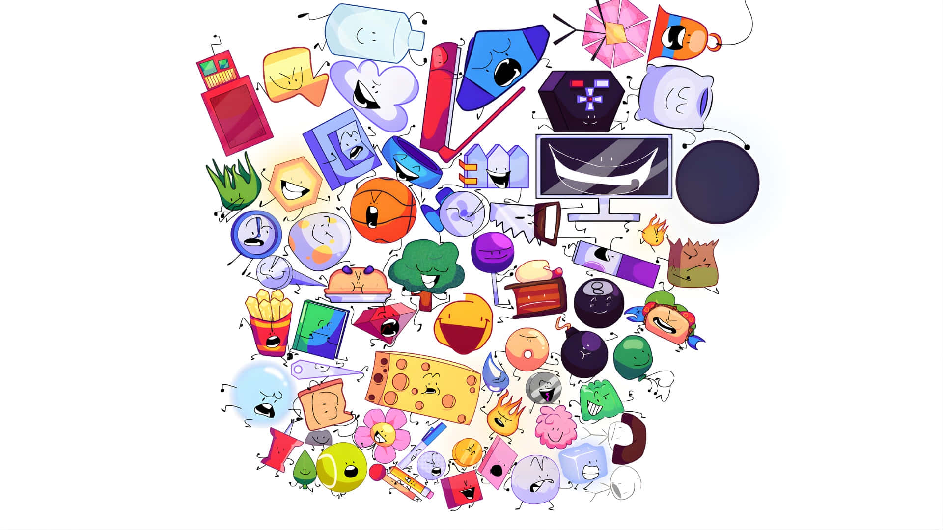 Bfdi, cartoon objects with faces, large brain shape, Full HD Desktop Wallpaper