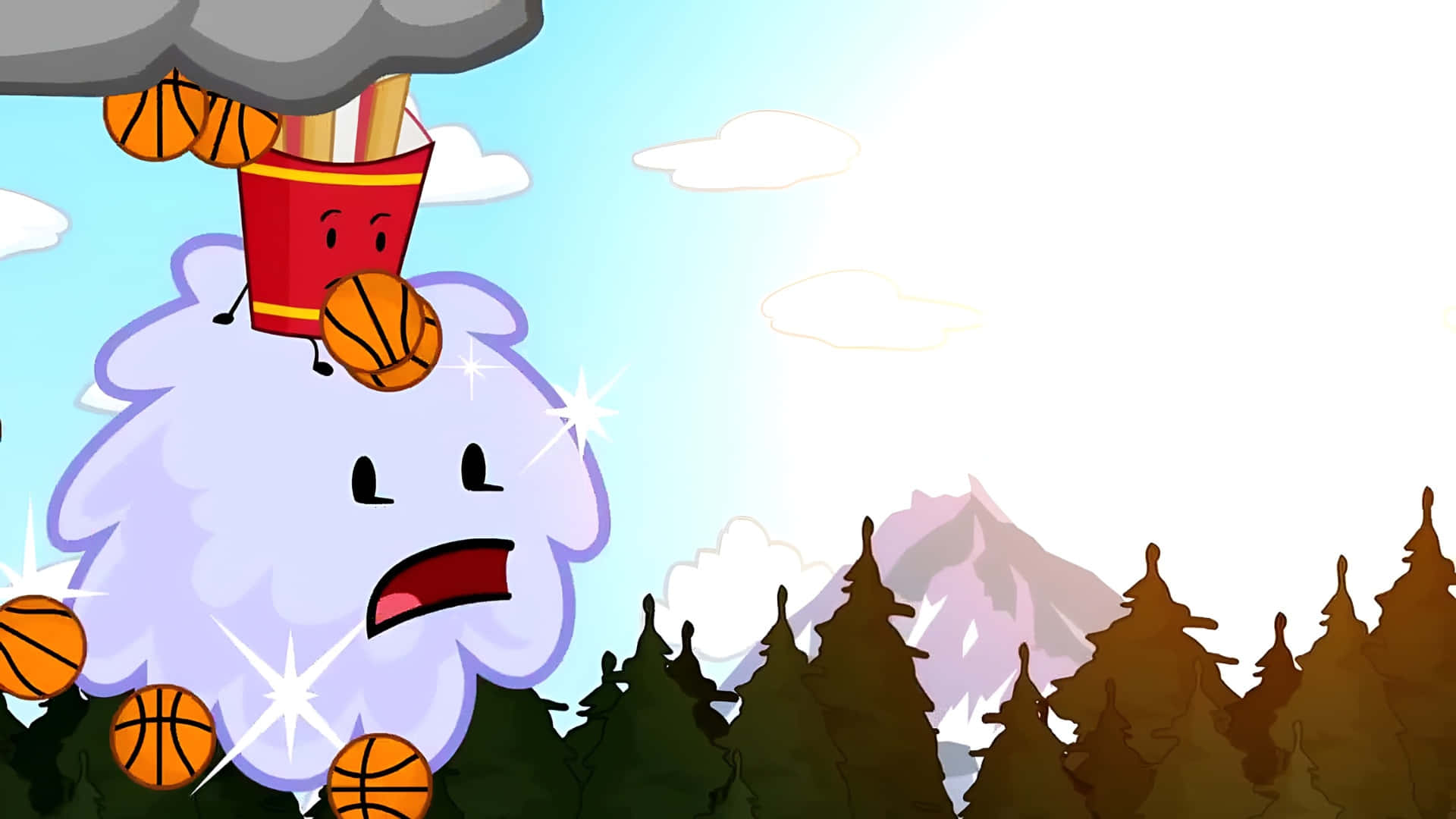 Bfdi, cloudy character scene, red cup of fries, Full HD Desktop Wallpaper