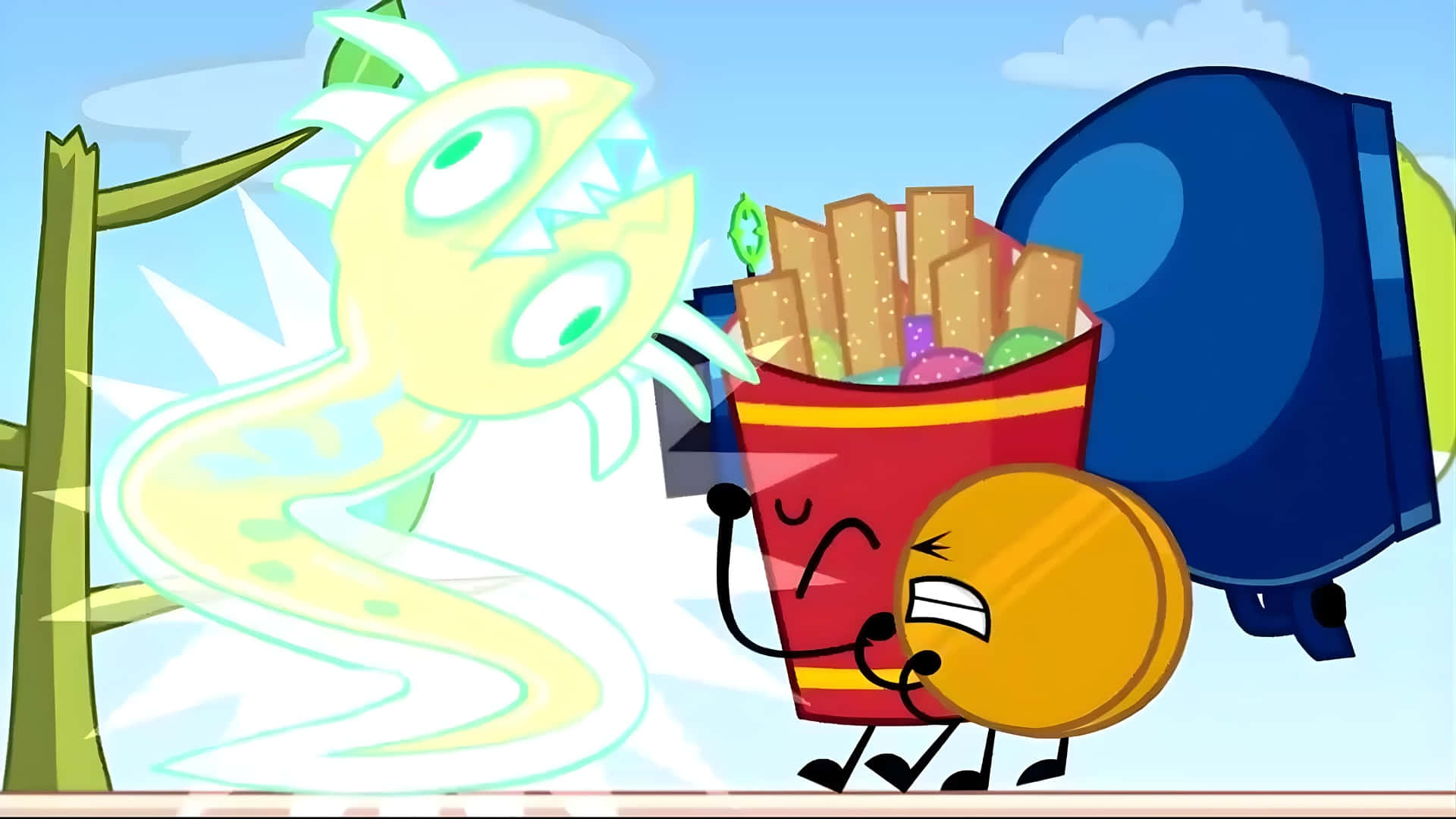 Bfdi, cartoon snack cup with fries and a gold coin, glowing green monster, Full HD Desktop Wallpaper