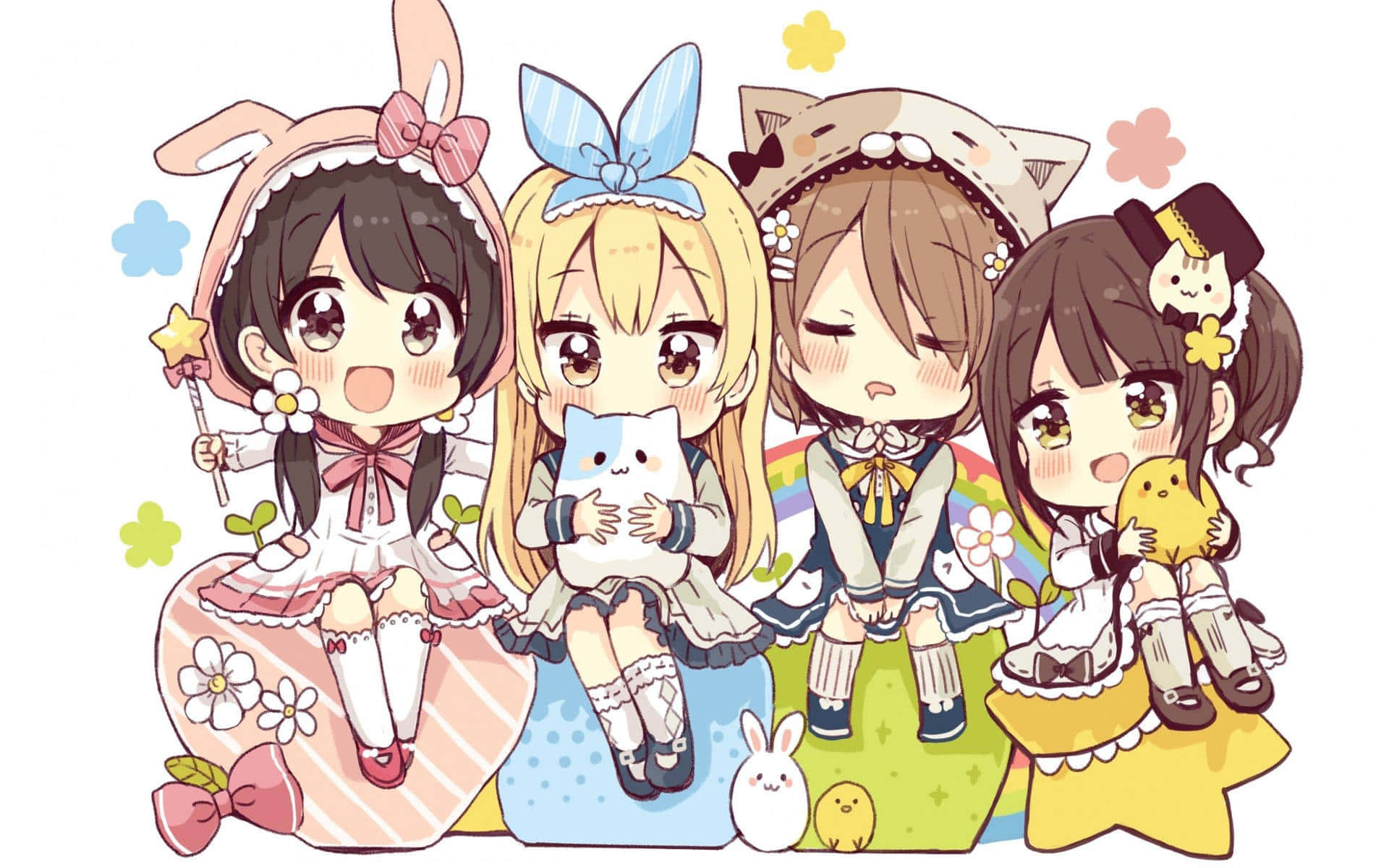 chibi anime girls, bunny cat outfits, maid outfits, Full HD Desktop Wallpaper