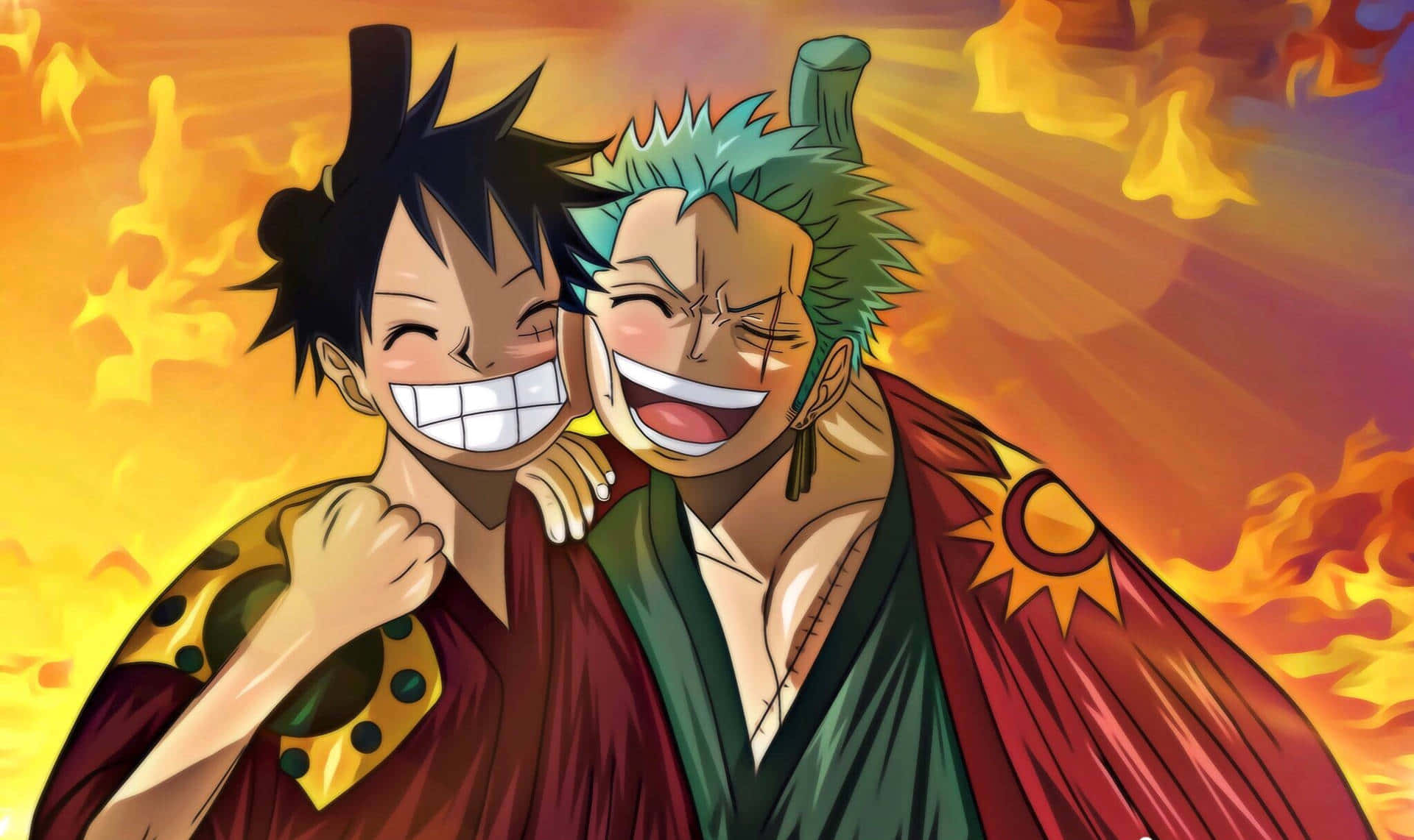 anime characters, fiery sunset, radiant sunbeams, Full HD Desktop Wallpaper