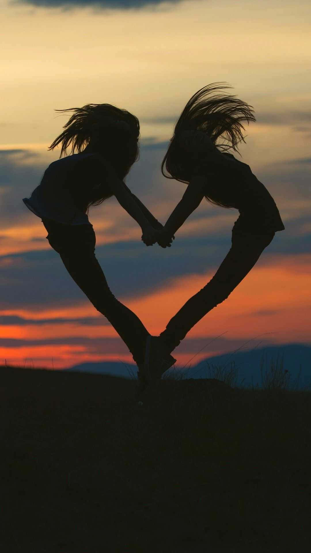 silhouette friends, sunset, jump, Full HD Phone Wallpaper