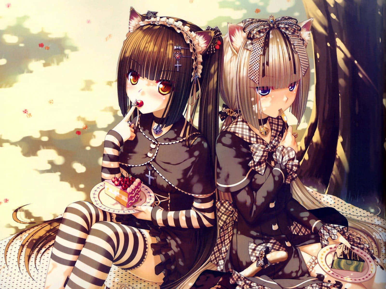anime gothic cat girls, cat ears, dappled sunlight, HD Desktop Wallpaper