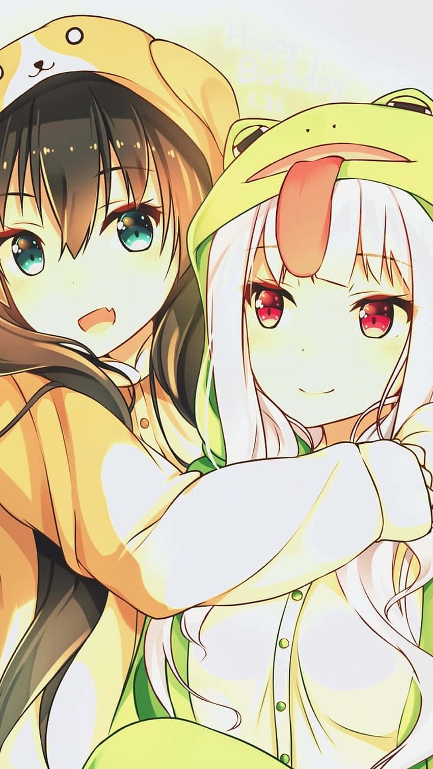anime friends, animal hoodies, two anime girls, HD Phone Wallpaper