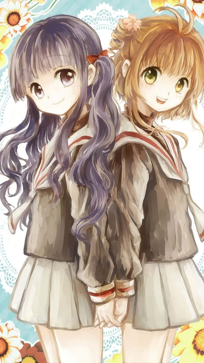 anime girls, matching school uniforms, floral lace background, HD Phone Wallpaper