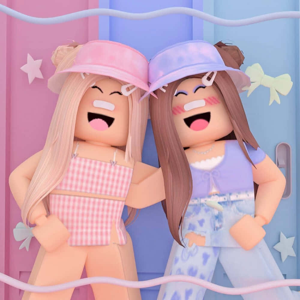 Roblox avatars, pink and blue bucket hats, pastel pink and blue door, SD Desktop Wallpaper