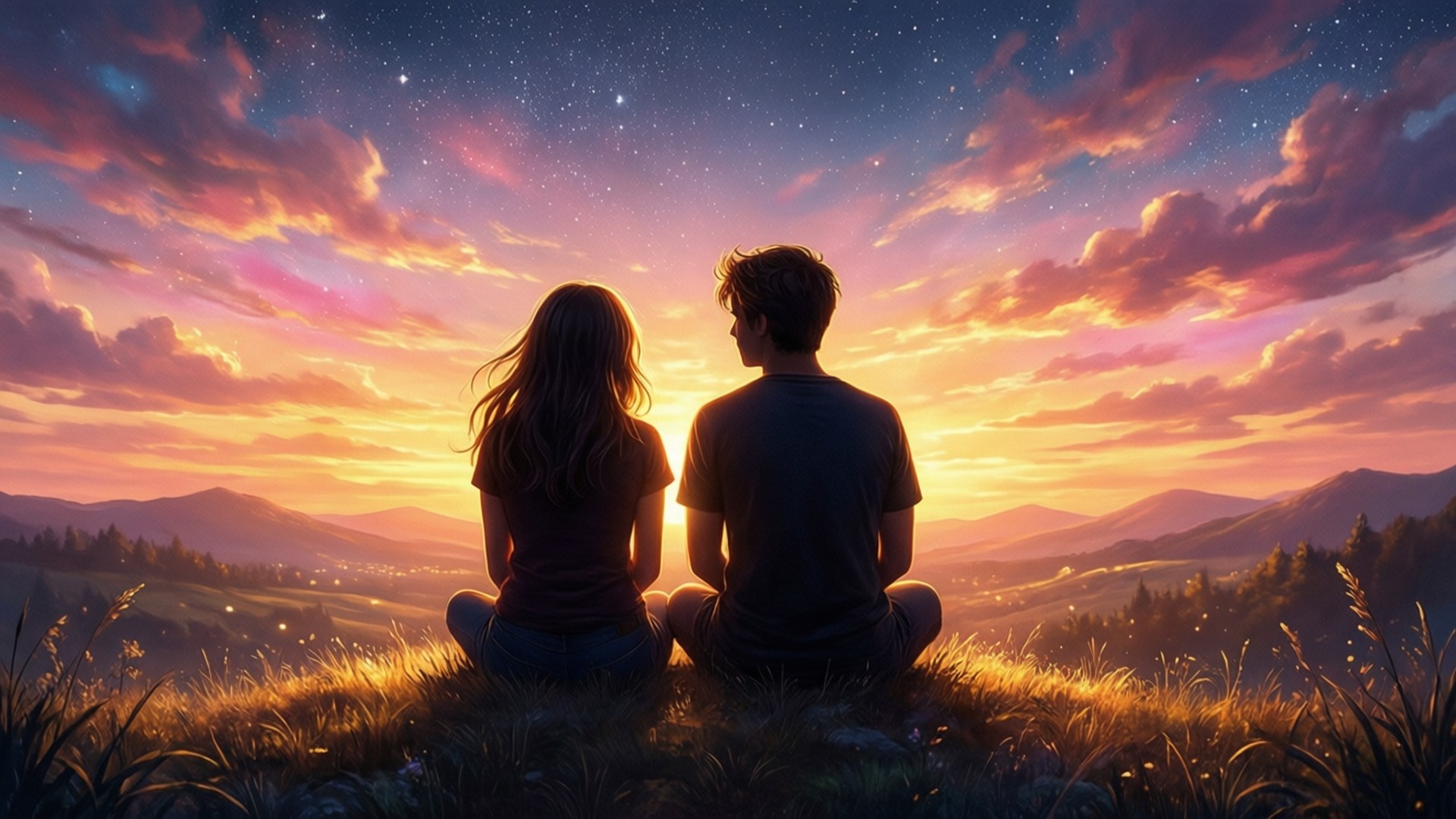 Sunset Friends Silhouette, sunset, grass, Full HD Desktop Wallpaper
