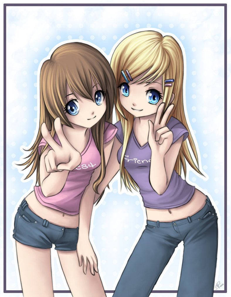 BFF, cartoon pose, anime girls, SD Phone Wallpaper