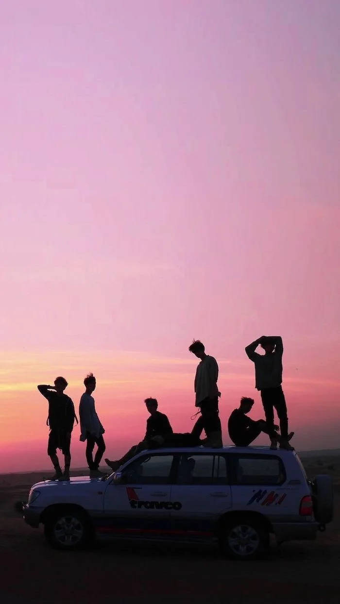 Bff, white SUV, vibrant pink and orange sunset sky, SD Phone Wallpaper