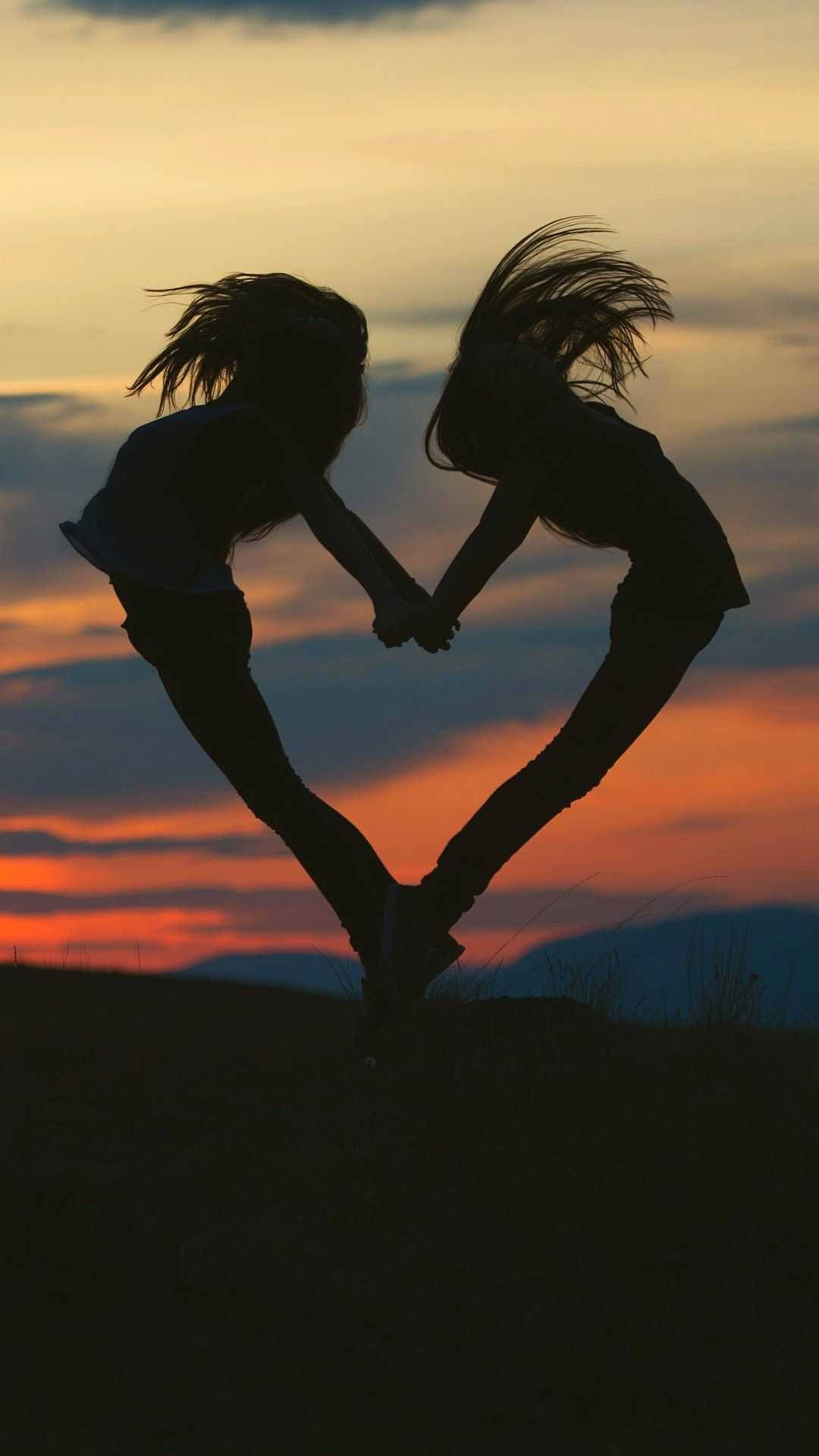 Bff, heart shape, fiery sunset sky, Full HD Phone Wallpaper