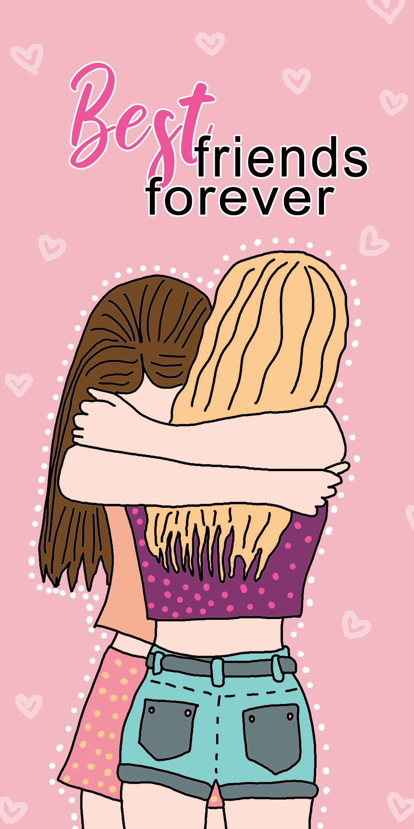 BFF Hug Cartoon, pink heart-patterned background, Best friends forever, 2K Phone Wallpaper