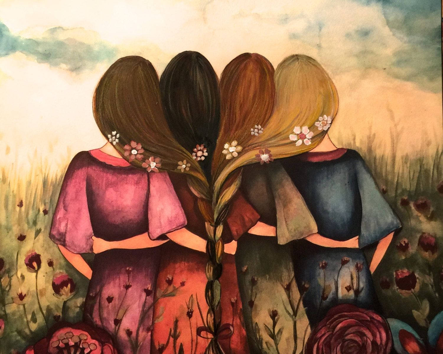 BFF Garden Painting, four girls, braided hair, HD Desktop Wallpaper
