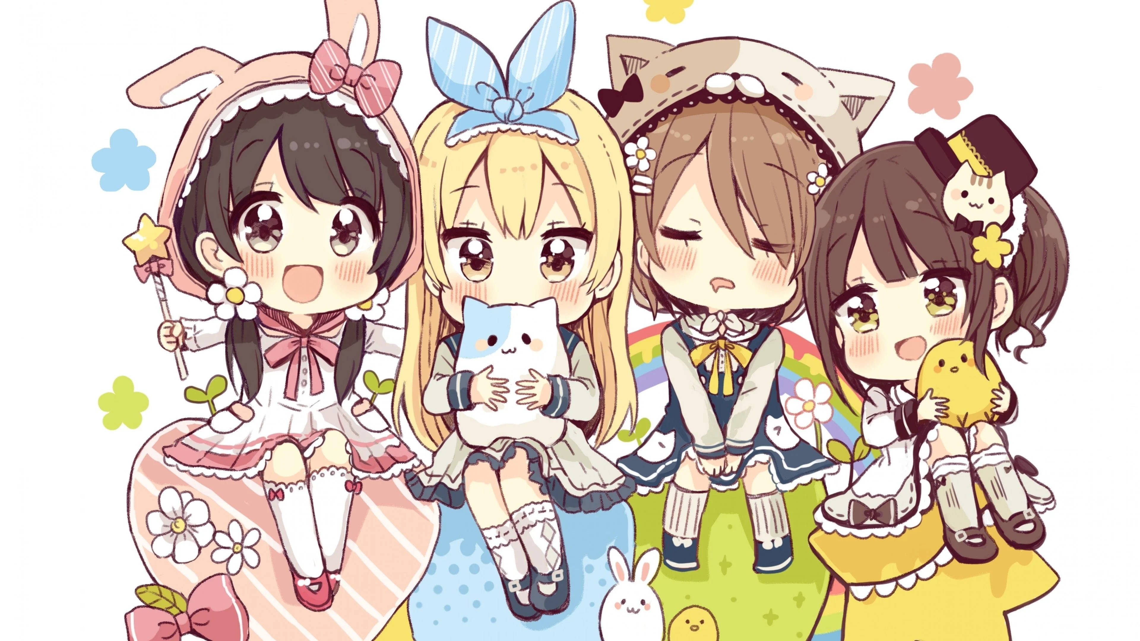 chibi anime girls, animal-themed outfits, plush toys, 4K Desktop Wallpaper