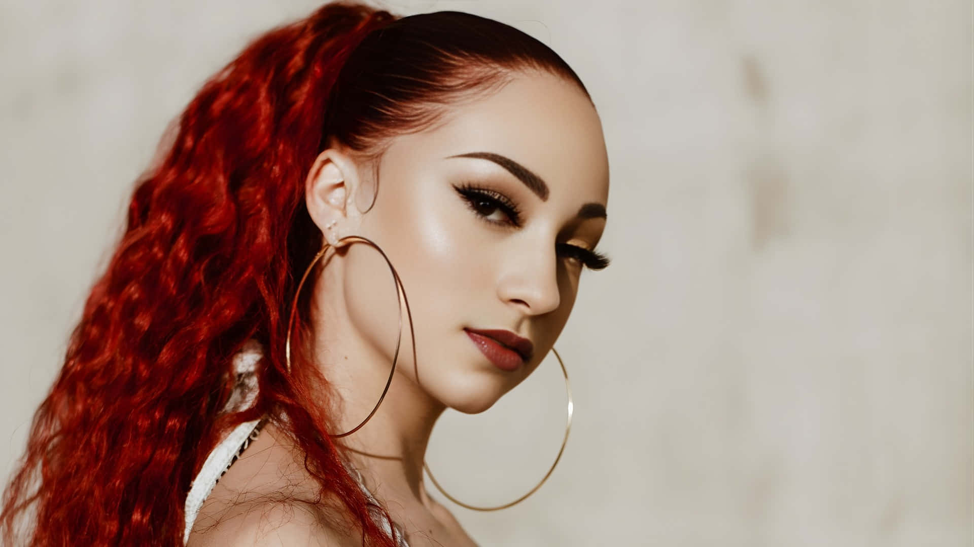 Bhad Bhabie, vibrant red curly hair, high ponytail, Full HD Desktop Wallpaper
