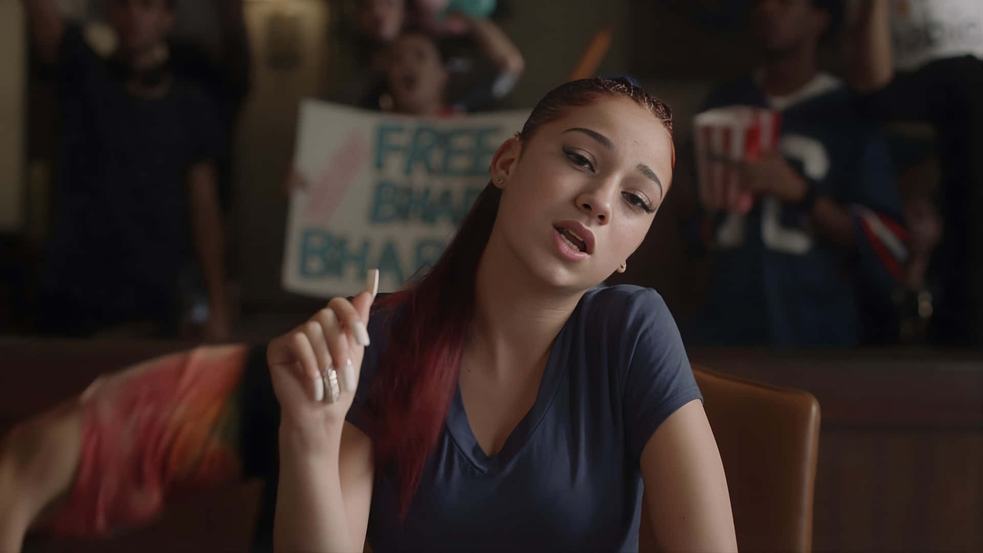Bhad Bhabie, red hair, dimly lit theater, Full HD Desktop Wallpaper