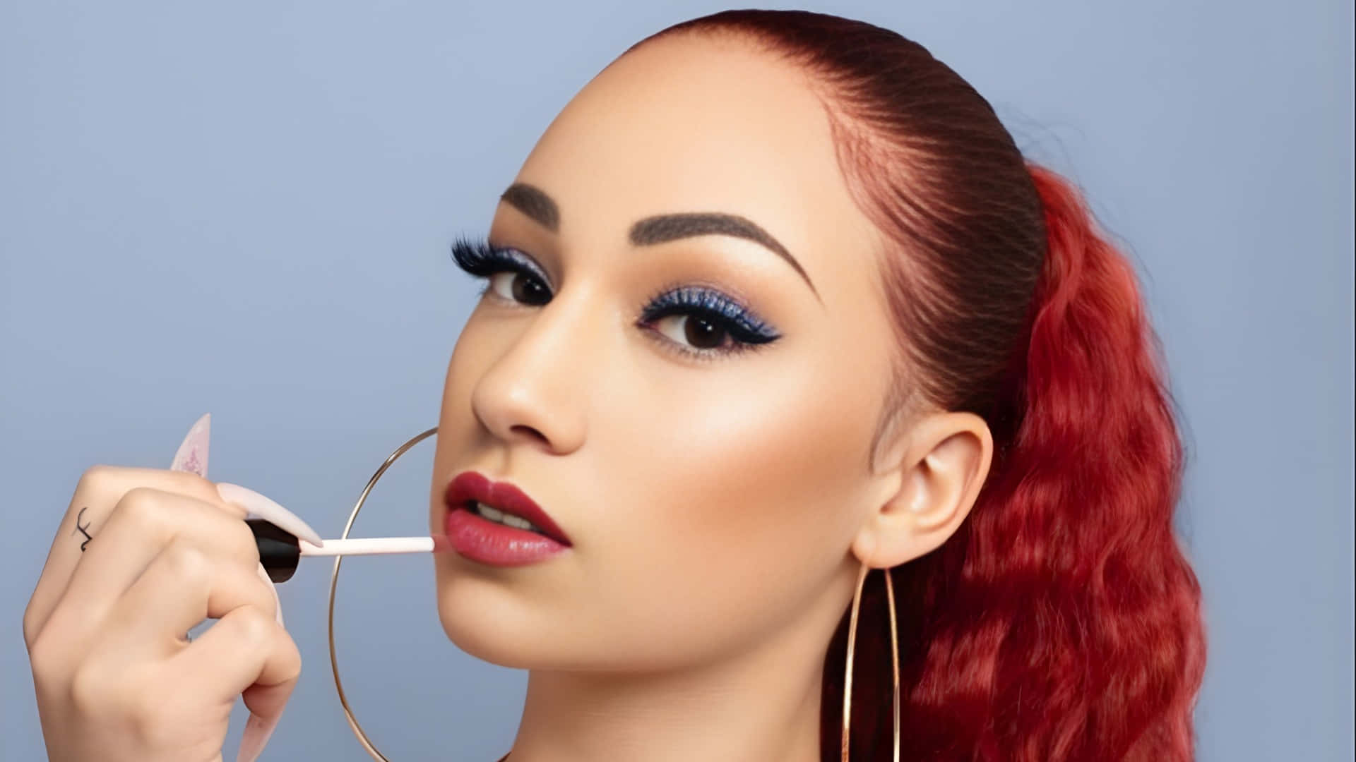 Bhad Bhabie, vibrant red hair, bold blue eyeshadow, Full HD Desktop Wallpaper