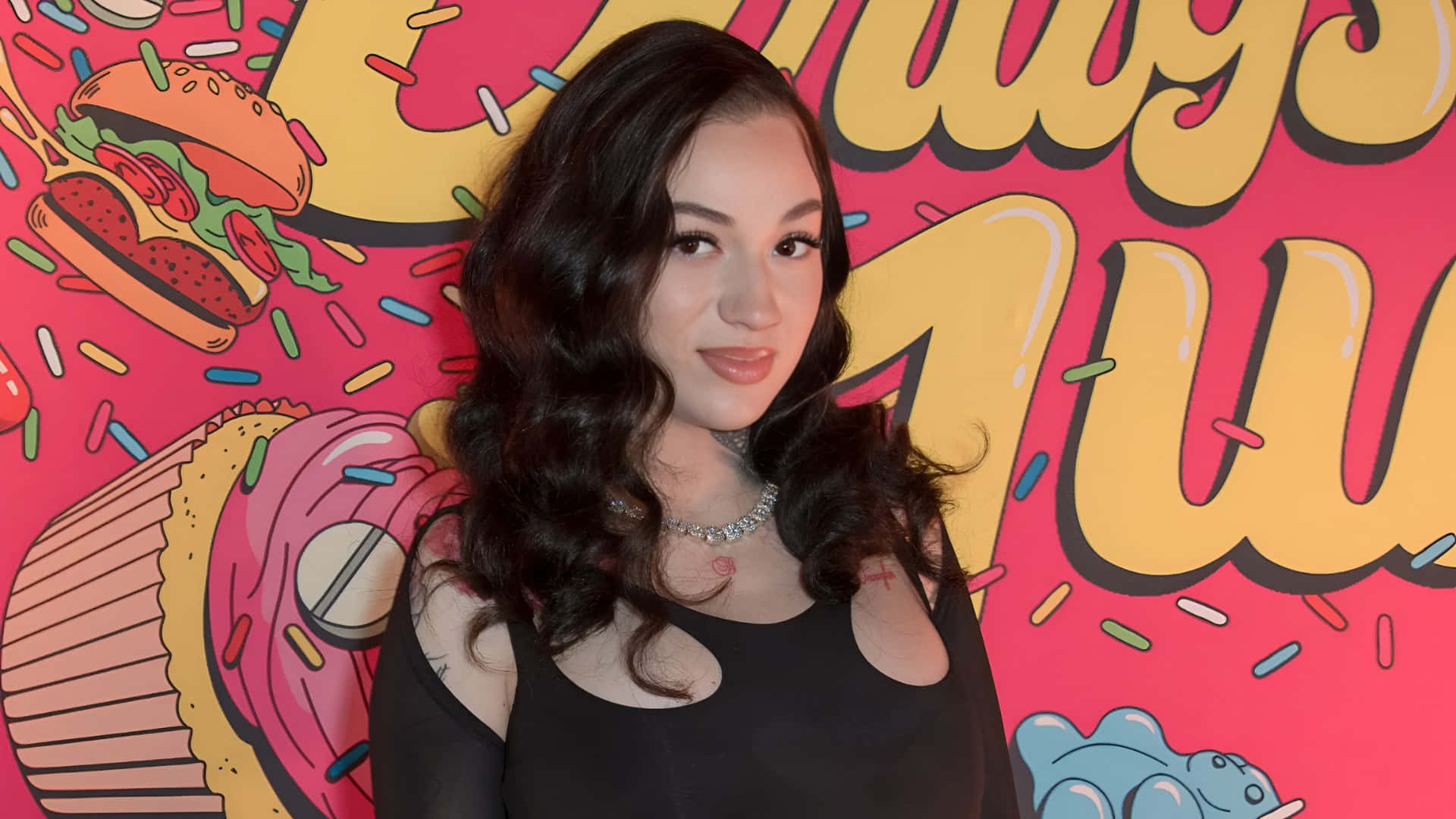 Bhad Bhabie, vibrant pink wall, cartoon food, Full HD Desktop Wallpaper
