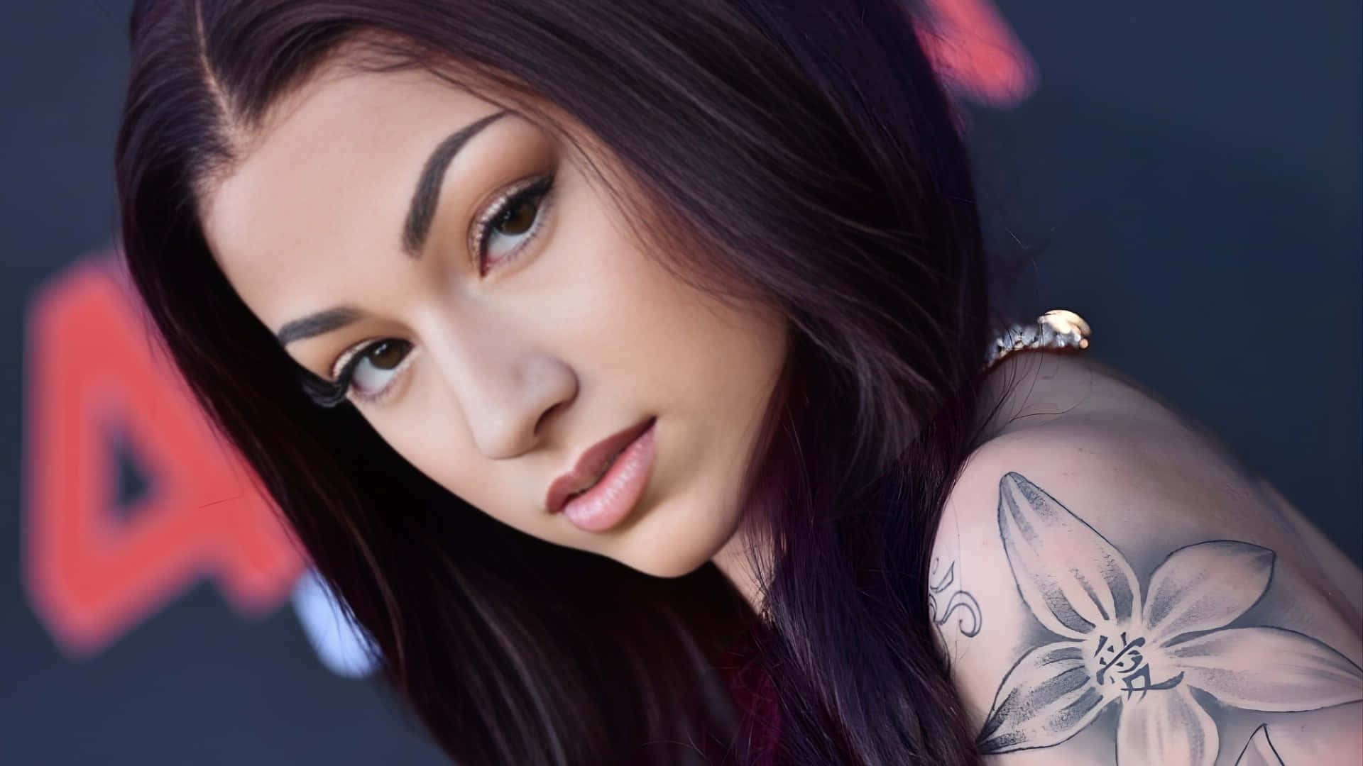 Bhad Bhabie, floral tattoo, red and black background, Full HD Desktop Wallpaper