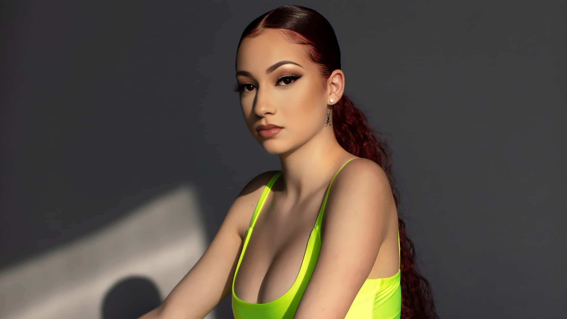 Bhad Bhabie, long red hair, neon green top, Full HD Desktop Wallpaper