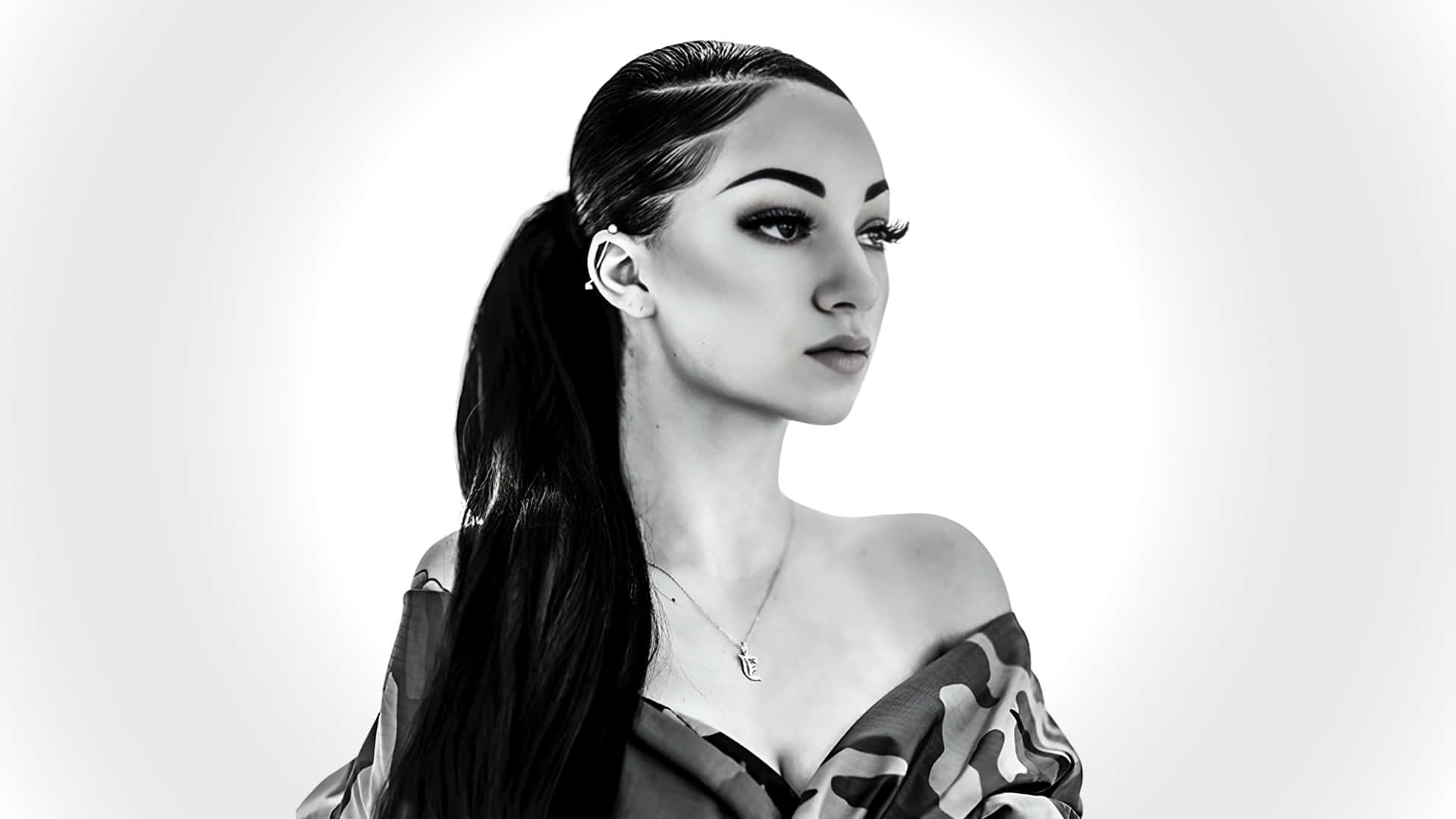 Bhad Bhabie, black and white portrait, long hair, Full HD Desktop Wallpaper