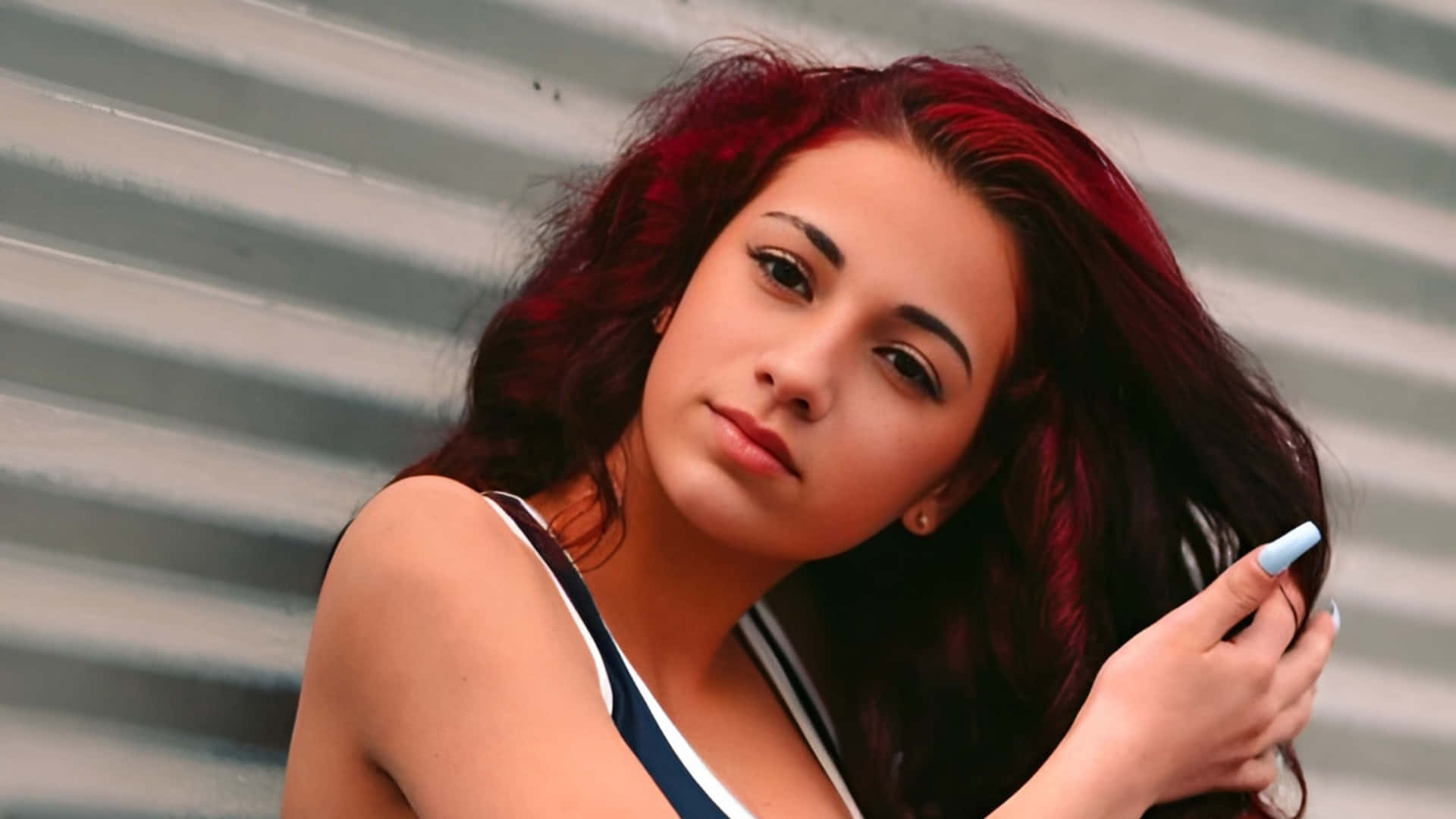 Bhad Bhabie, vibrant red hair, corrugated metal wall, Full HD Desktop Wallpaper