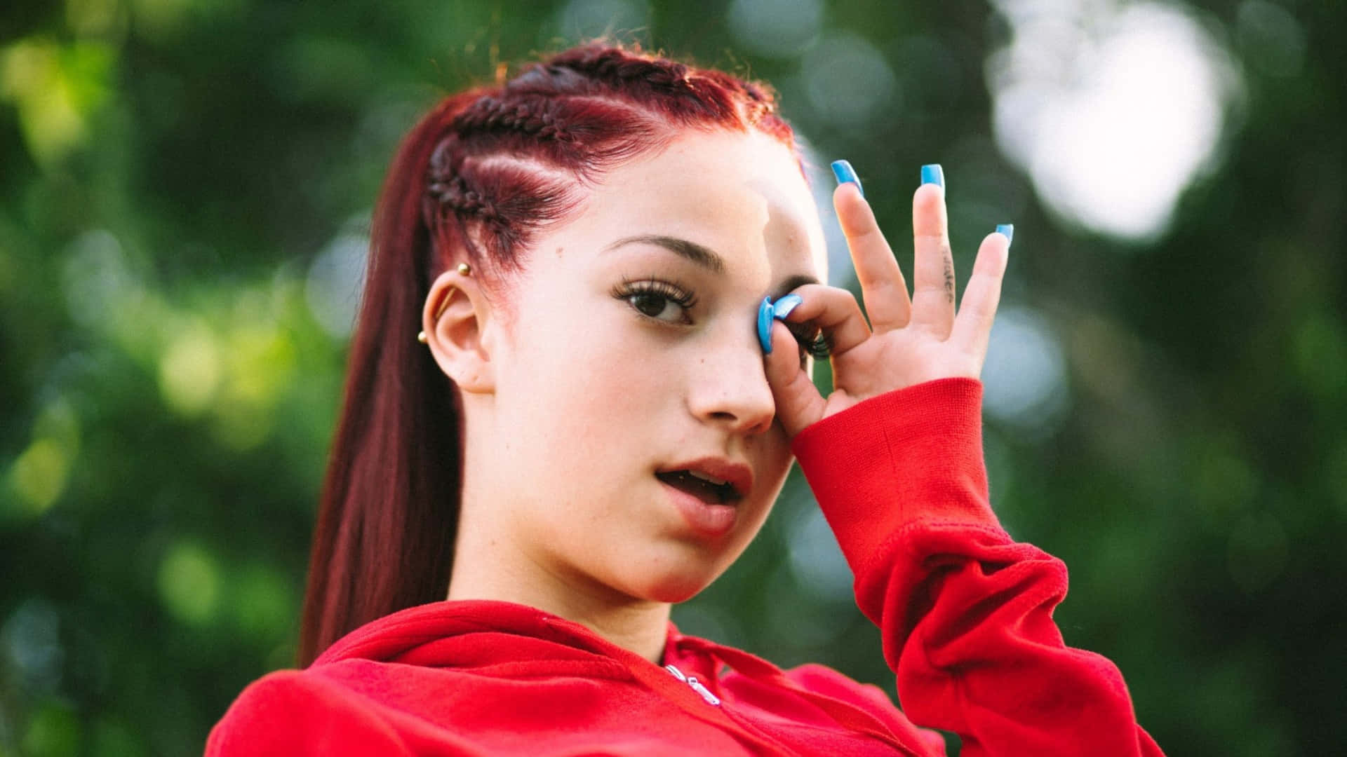Bhad Bhabie, red braided hair, blue nail polish, Full HD Desktop Wallpaper