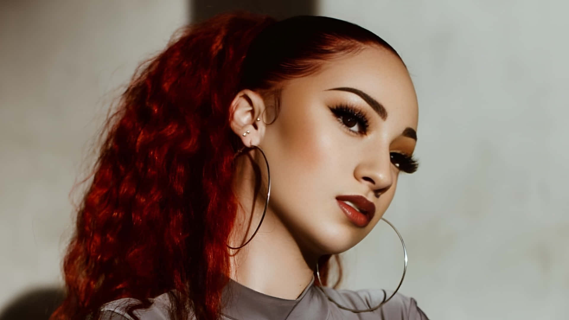 Bhad Bhabie, vibrant red curly hair, high ponytail, Full HD Desktop Wallpaper