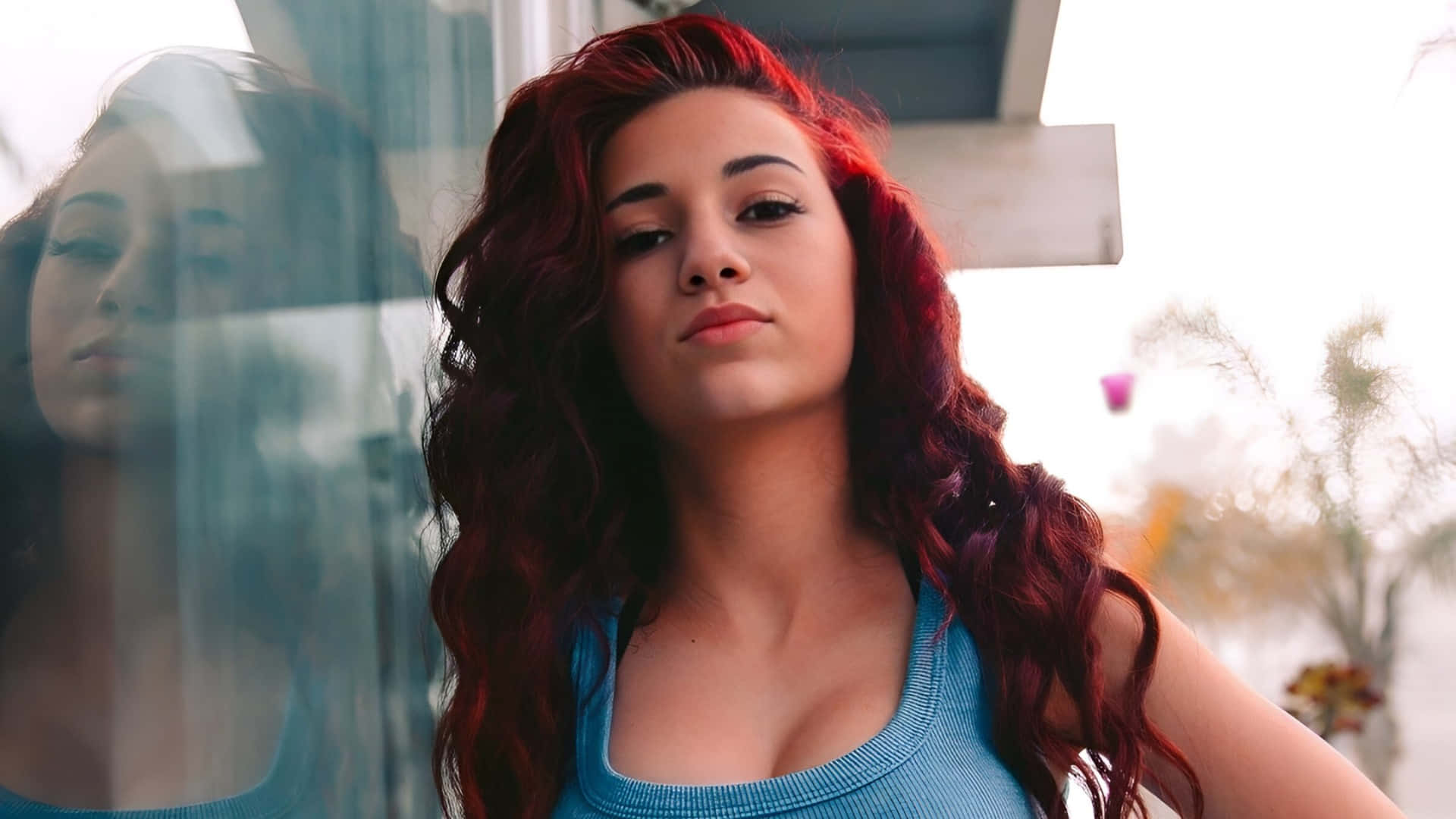 Bhad Bhabie, vibrant red curly hair, blue tank top, Full HD Desktop Wallpaper