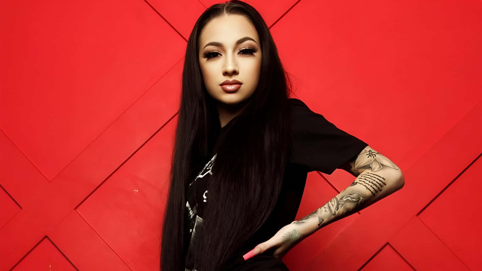 Bhad Bhabie, long dark hair, tattoos, Full HD Desktop Wallpaper