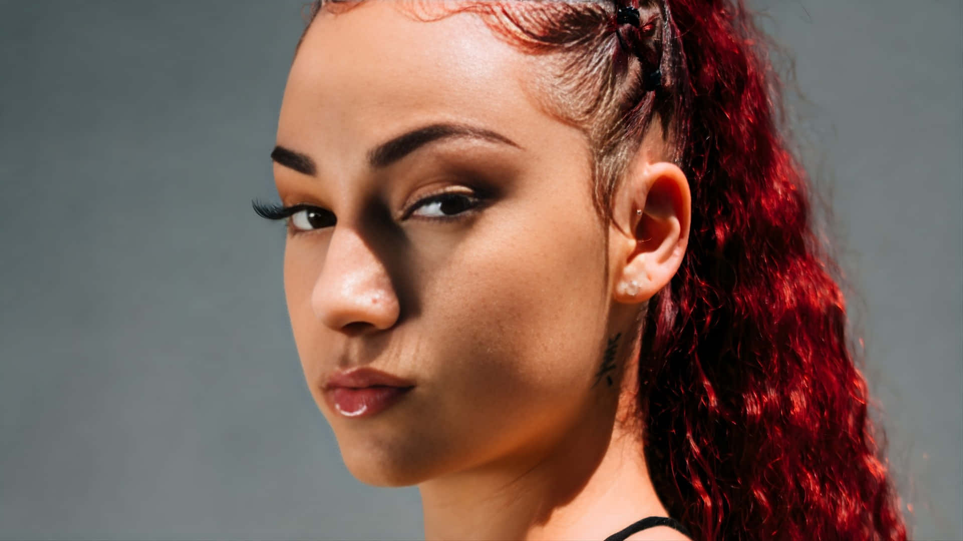 Bhad Bhabie, vibrant red curly hair, high ponytail, Full HD Desktop Wallpaper