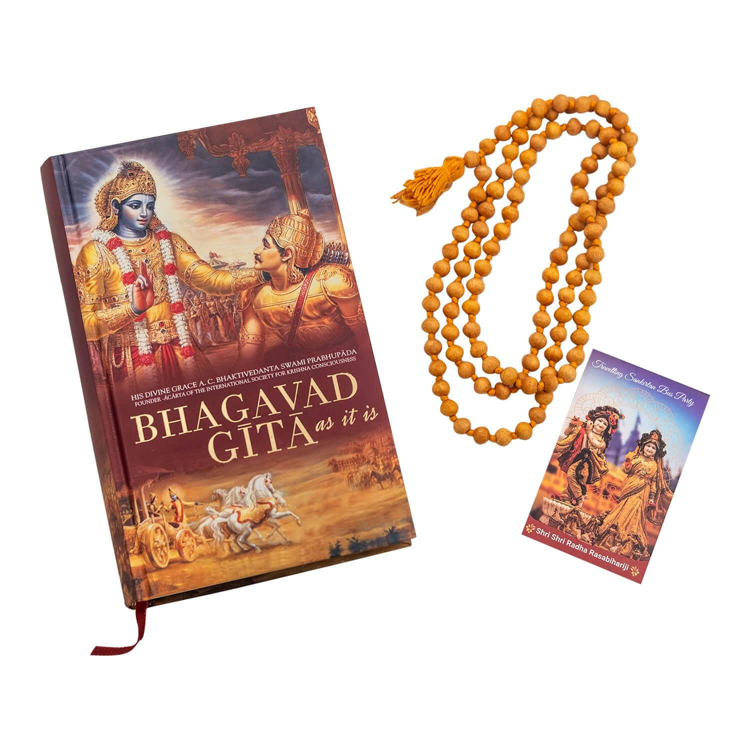 Bhagavad Gita, yellow japa mala beads, divine figures on cover, HD Desktop Wallpaper