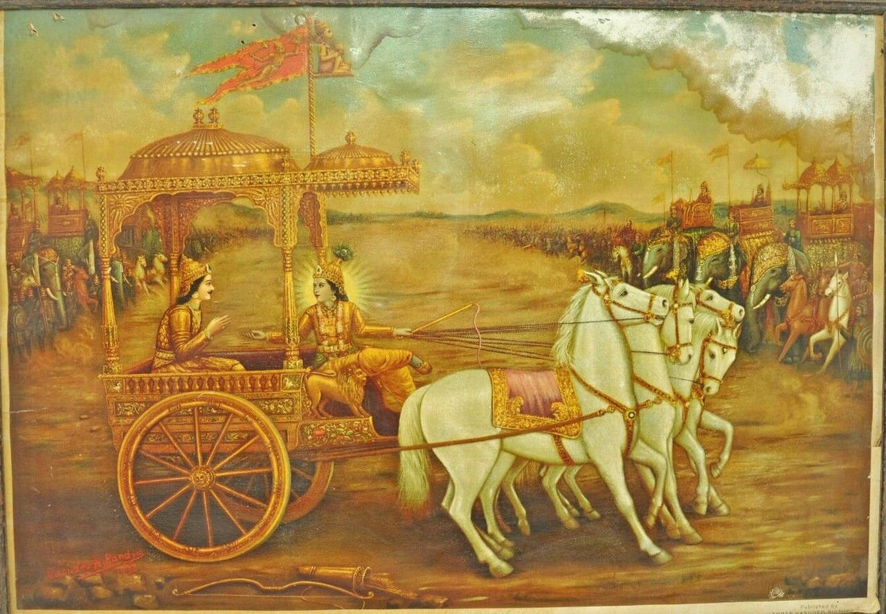 Bhagavad Gita, golden chariot, four white horses, HD Desktop Wallpaper