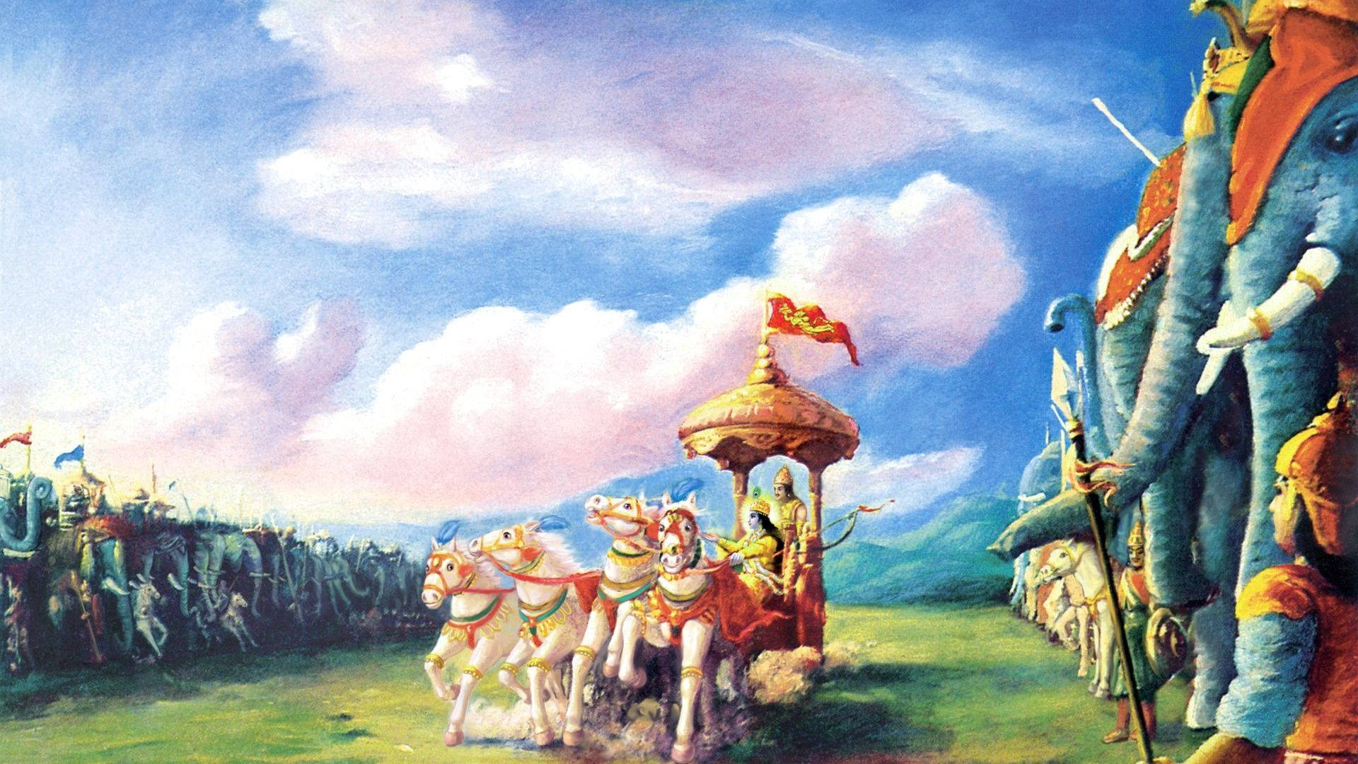 Bhagavad Gita, war elephants, royal chariot, Full HD Desktop Wallpaper
