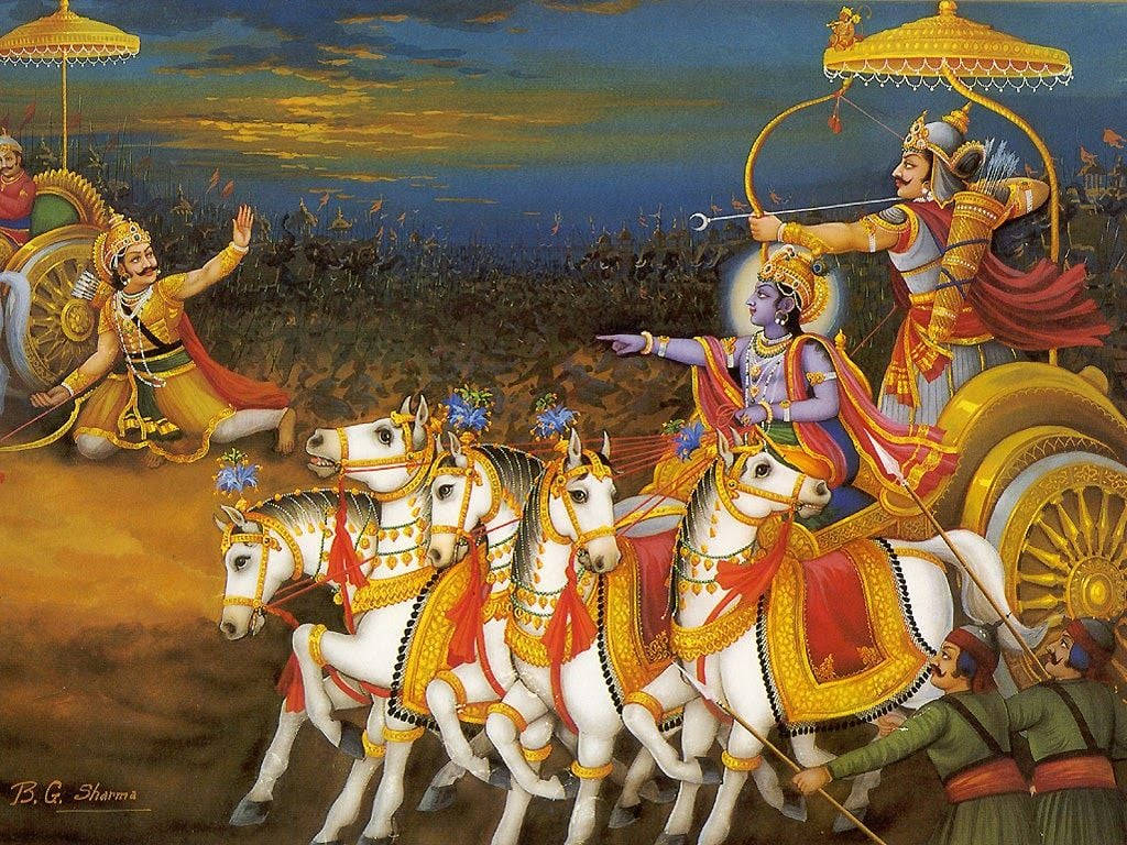 Bhagavad Gita, divine chariot, four white horses, SD Desktop Wallpaper