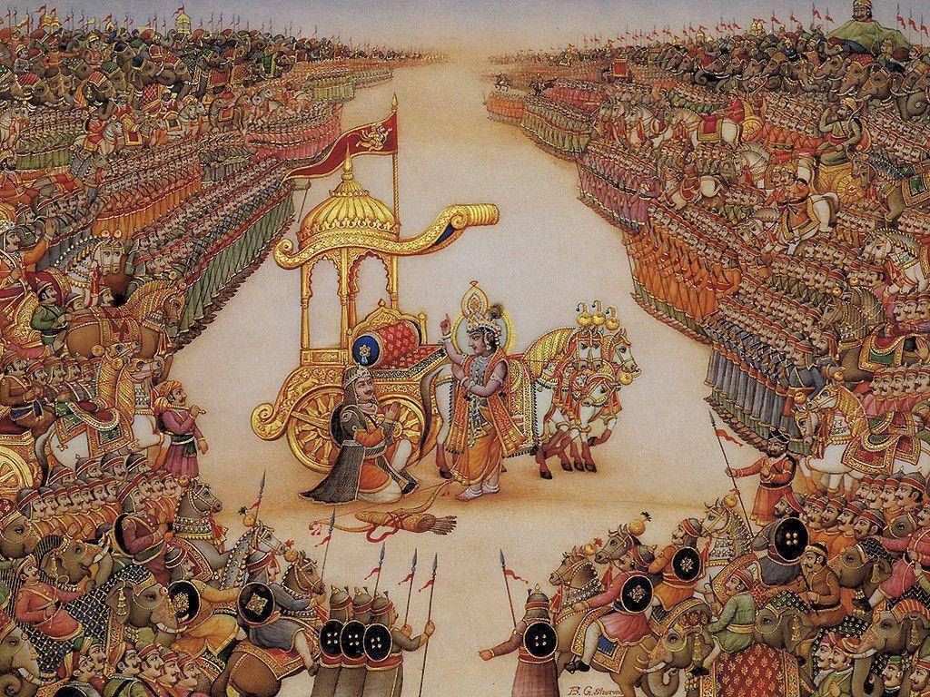 Bhagavad Gita, kneeling Arjuna, golden chariot, SD Desktop Wallpaper