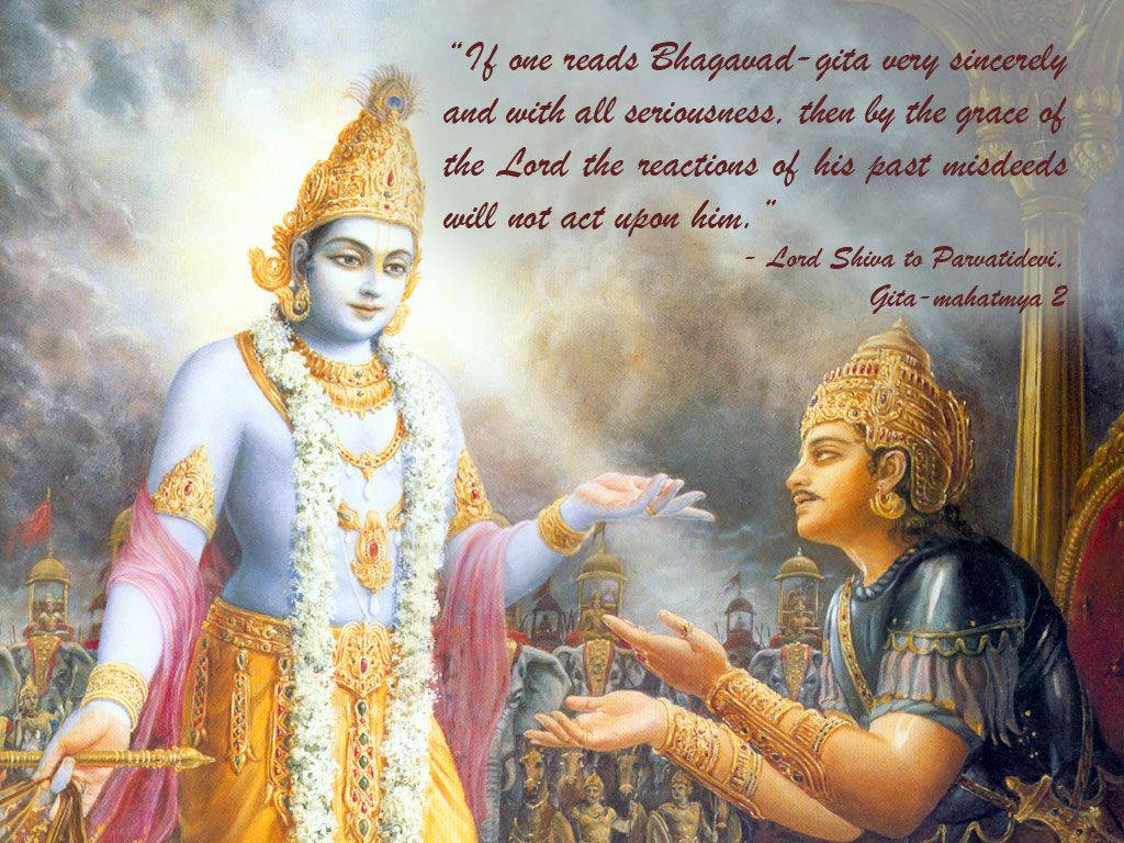 Bhagavad Gita, golden attire, stormy sky, SD Desktop Wallpaper