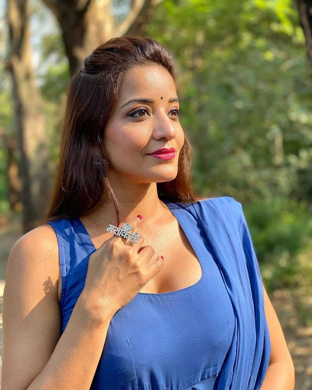 Bhojpuri actress, blue dress, sunlit forest, HD Phone Wallpaper