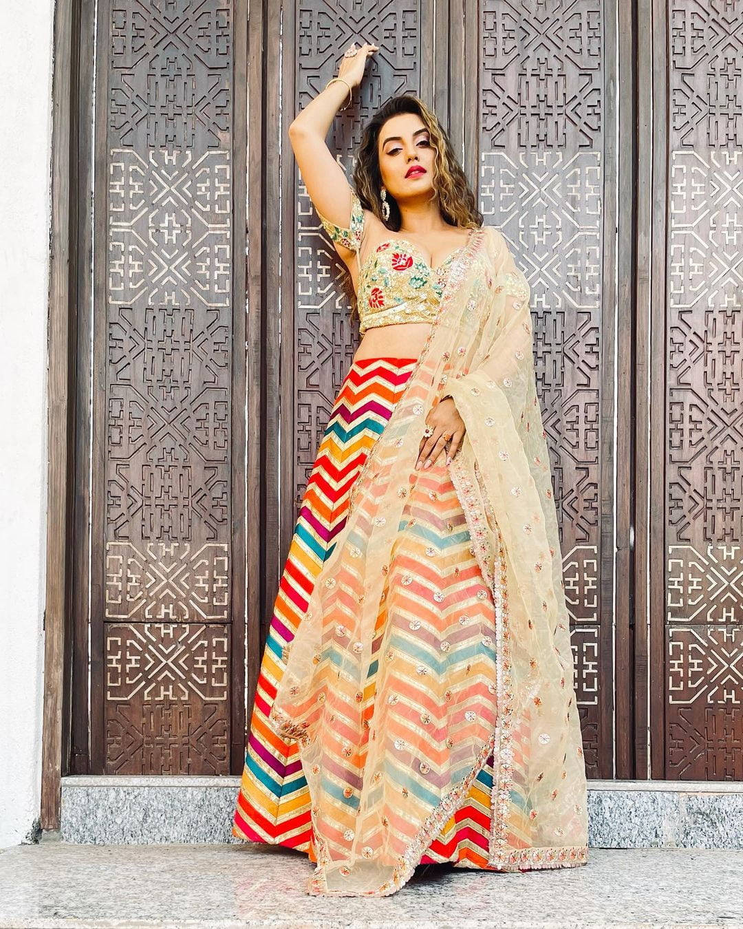 Bhojpuri actress, rainbow chevron lehenga, floral crop top, HD Phone Wallpaper